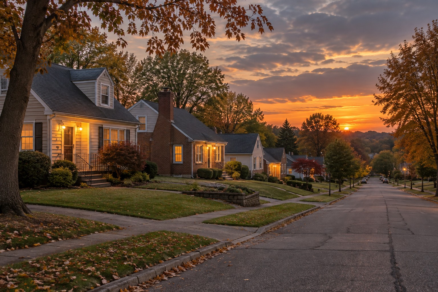 A quiet Mahoning Valley, Ohio neighborhood street at dusk